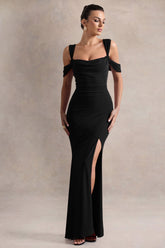 Black Square-Neck Draped Wrap Maxi Dress